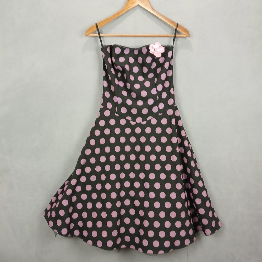 Ruby Rox Fit & Flare Dress Womens 7 Black‎ Purple Polka Dot Strapless Back Zip